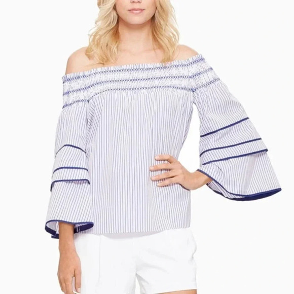 Parker Largo Smocked Off The Shoulder Striped Blouse Women's Size Medium - Picture 2 of 8